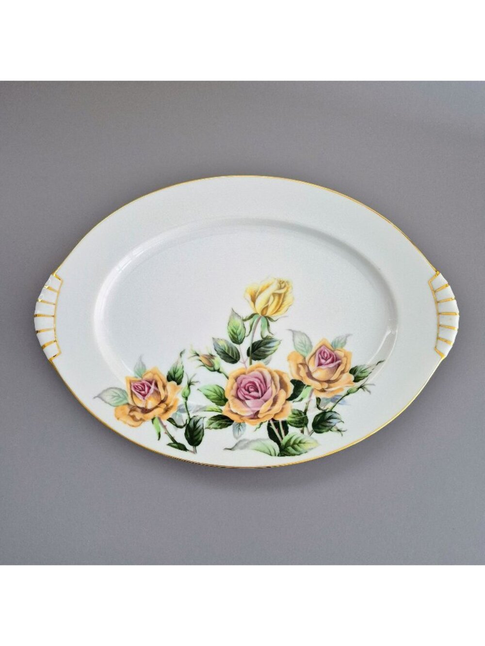 Vintage Narumi Yellow & Peach Rose 15" Oval Serving Platter, Cottagecore Floral